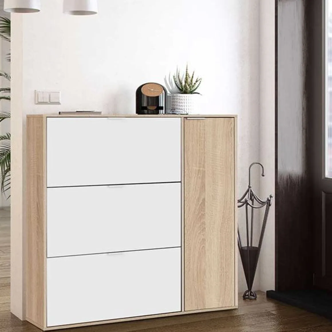 Zapatero Fifo 4 puertas roble canadian/blanco 115x106x22 cm