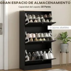 Zapatero Mimbre Homcom 3 cajones abatibles 18 pares negro 115x60x23,5 cm