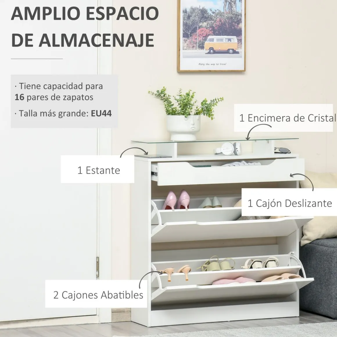 Zapatero Nordic Homcom 2 puertas con cajón blanco 96x89x23 cm