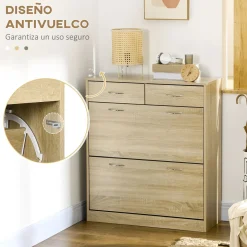 Zapatero Roka Homcom 2 cajones abatibles 12 pares roble 91,5x80x30 cm