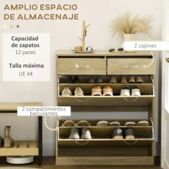 Zapatero Roka Homcom 2 cajones abatibles 12 pares roble 91,5x80x30 cm