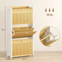 Zapatero Six Homcom puertas abatibles diseño con listones natural/blanco