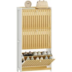 Zapatero Six Homcom puertas abatibles diseño con listones natural/blanco