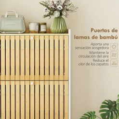 Zapatero Six Homcom puertas abatibles diseño con listones natural/blanco