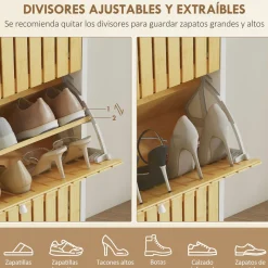 Zapatero Six Homcom puertas abatibles diseño con listones natural/blanco