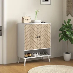 Zapatero Therian Homcom 2 puertas + estante blanco/natural 97x75x35 cm