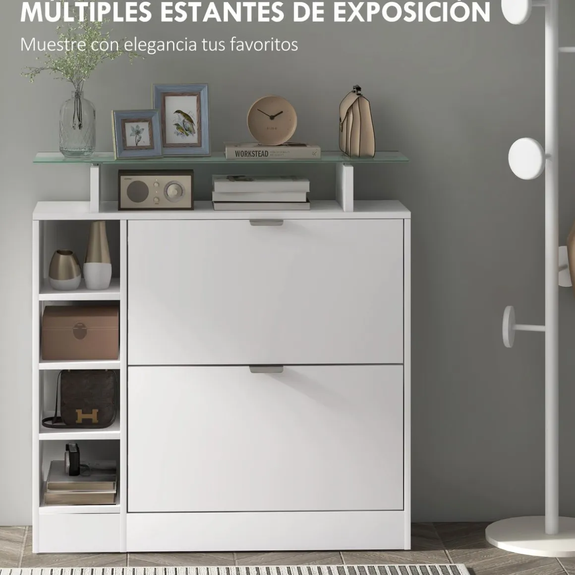Zapatero Toby Homcom 2 cajones + 4 estantes + repisa blanco 92x89x25 cm