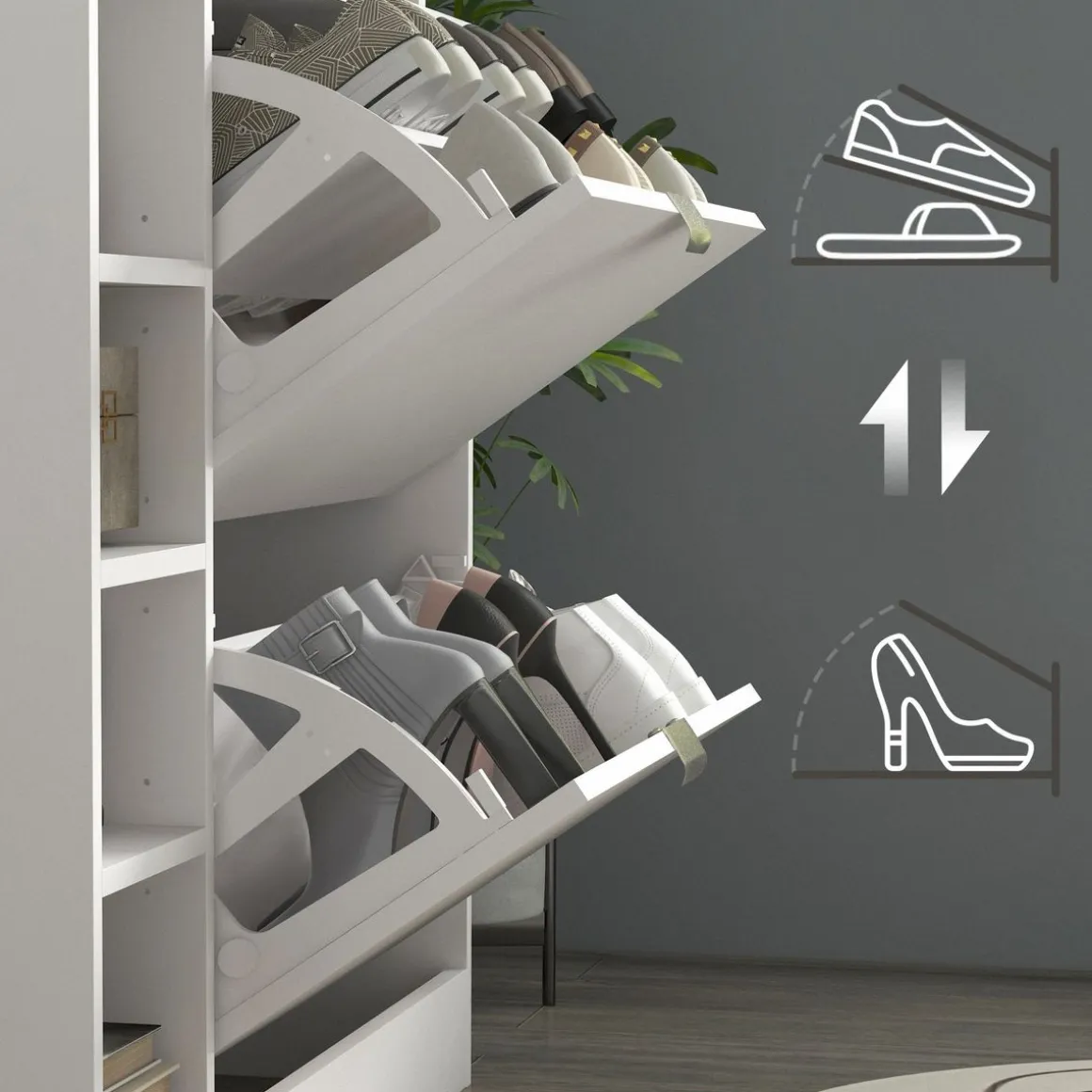Zapatero Toby Homcom 2 cajones + 4 estantes + repisa blanco 92x89x25 cm