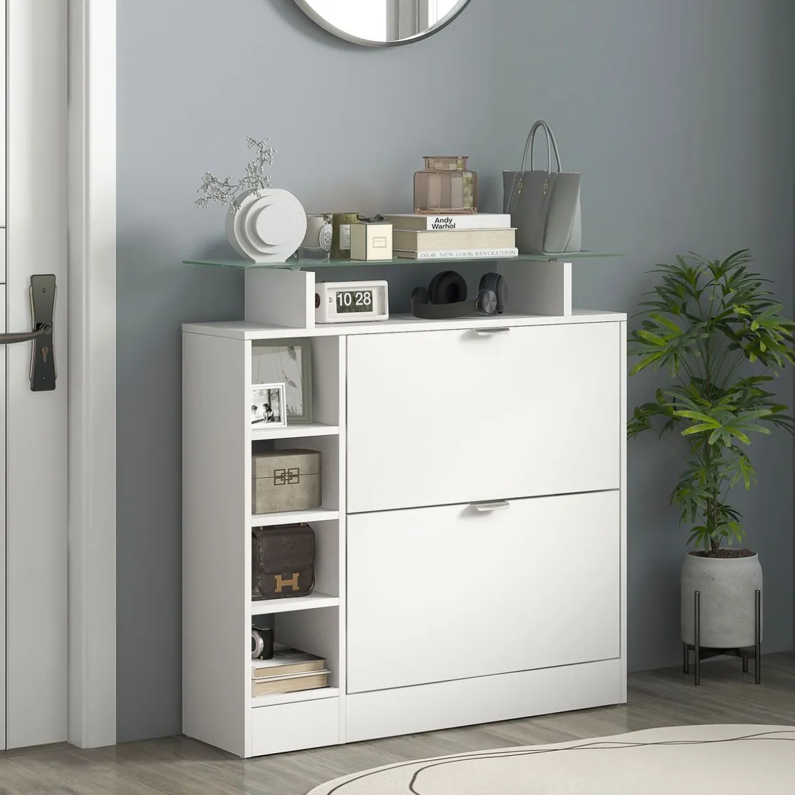 Zapatero Toby Homcom 2 cajones + 4 estantes + repisa blanco 92x89x25 cm
