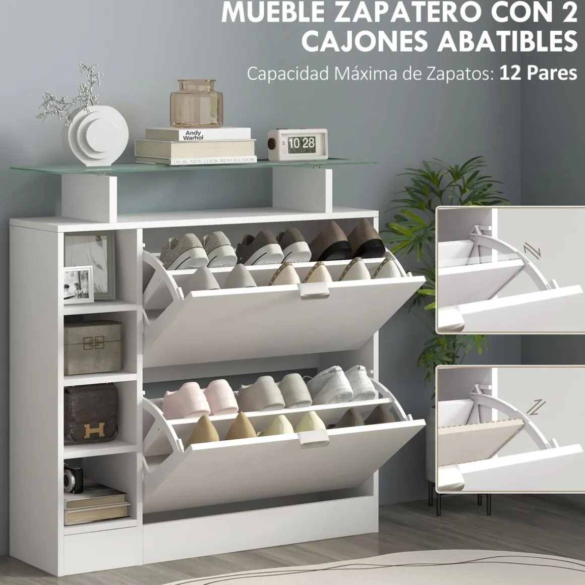 Zapatero Toby Homcom 2 cajones + 4 estantes + repisa blanco 92x89x25 cm